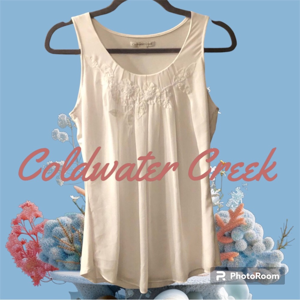 Coldwater Creek sleeveless top XS White Floral embellished neckline